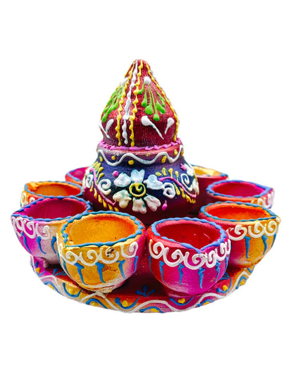 Fancy Clay Diya Big Plate 1Pc (Kalash-9 Diyas)